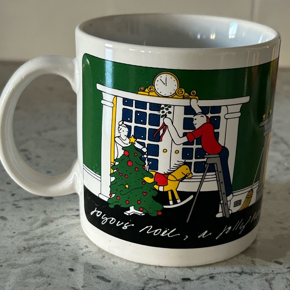 Vintage Joyous Noel Christmas Mug White Green Red